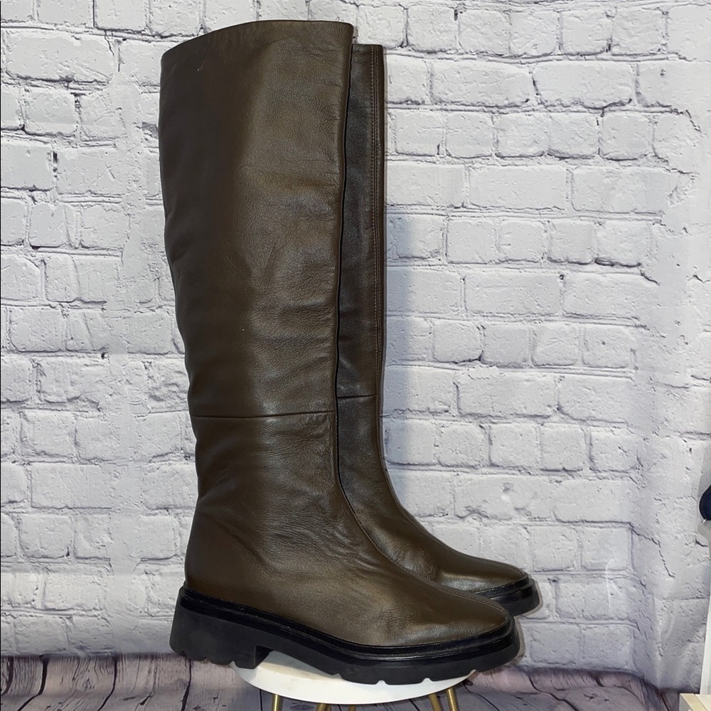 VINCE Army Green & Brown Leather Knee-High Lug Sole Boots NWOT Size 6